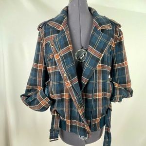 MNG by Mango Navy and tan tartan jacket size large.